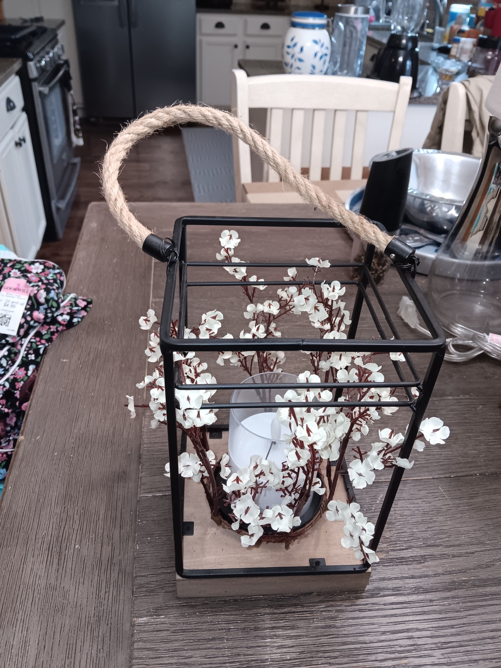 Black Metal Lantern with Cream Flowers and Rope Handle